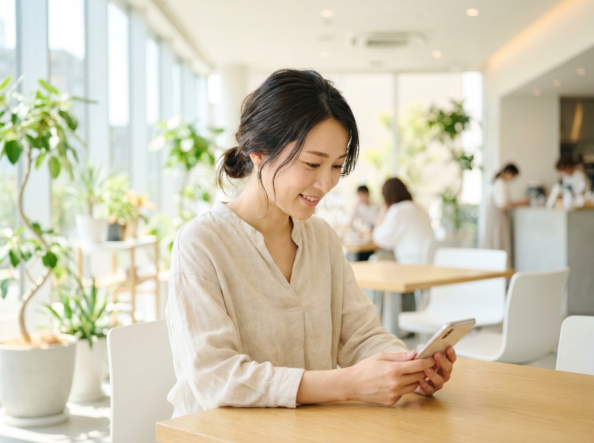 カフェでスマートフォンを見つめる女性 — AIが婚活を支えるイメージ